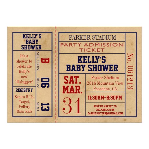 Vintage Sports Ticket Baby Shower Invite - Basebal (front side)