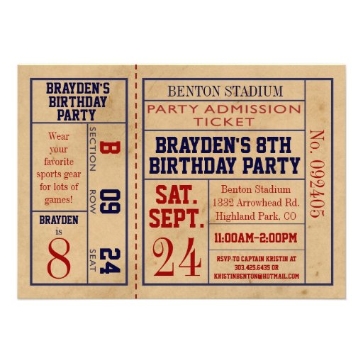 Vintage Sports Ticket Birthday Invite - Baseball (front side)