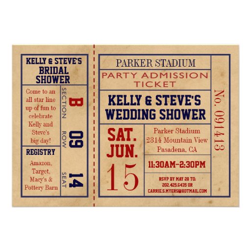 Vintage Sports Ticket Bridal Shower Invite bsktbal (front side)