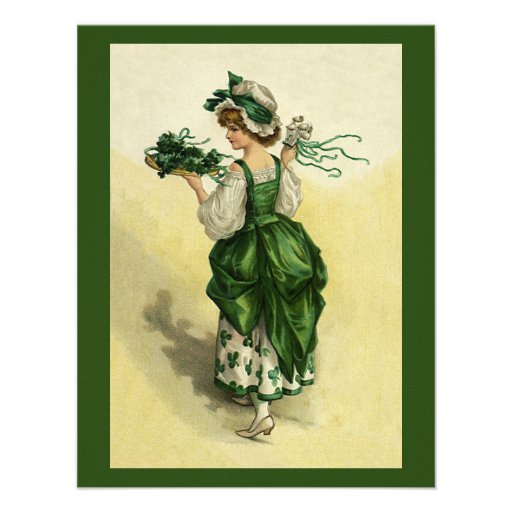 Vintage St. Patrick's Day, Woman Green Shamrocks Invite (front side)