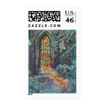 Vintage Stained Glass Window in Church with Lights Postage Stamp
