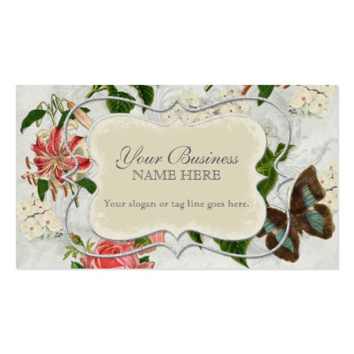 Vintage Stargazer Lily Rose Butterfly n Hydrangea Business Card Template (front side)
