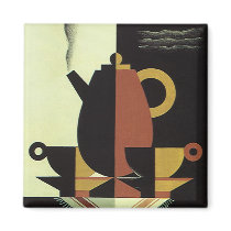 Vintage Steaming Coffee Pot with Coffee Cups Magnets