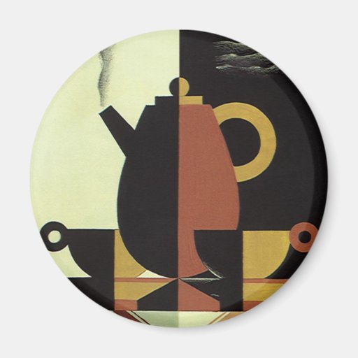 Vintage Steaming Coffee Pot with Coffee Cups Fridge Magnets