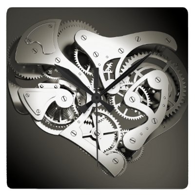 Vintage Steampunk Mechanical Heart - B&W Square Wall Clocks