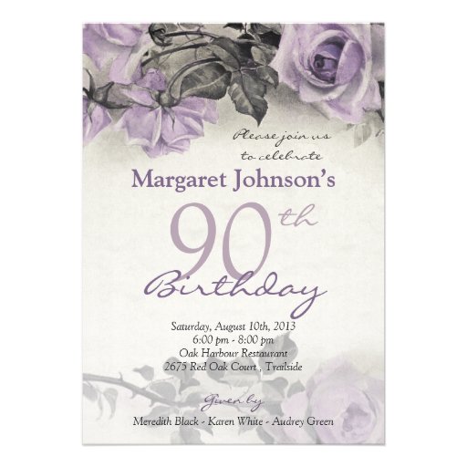 Vintage Sterling Silver Purple Rose 90th Birthday Invitation (front side)