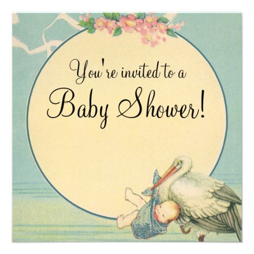 Vintage Stork Baby Boy Blue Blanket Baby Shower Personalized Invite