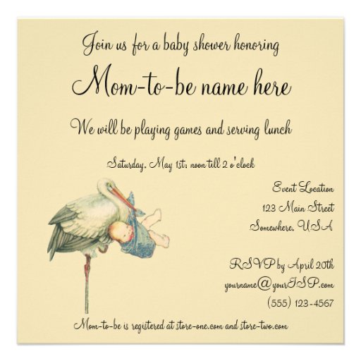 Vintage Stork Baby Boy Blue Blanket Baby Shower Personalized Invite