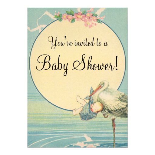 Vintage Stork Baby Boy Blue Blanket Baby Shower Invite