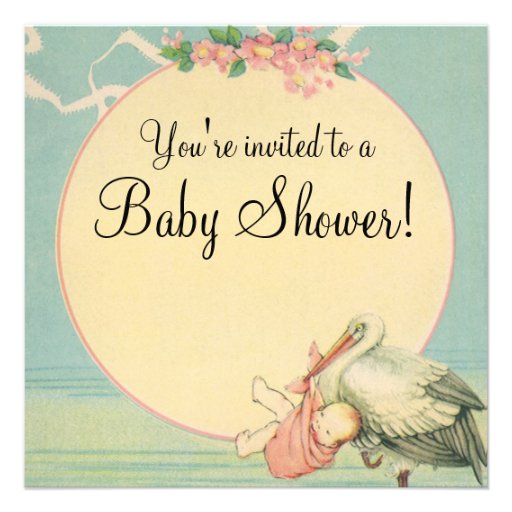 Vintage Stork Baby Girl Pink Blanket Baby Shower Personalized Invite