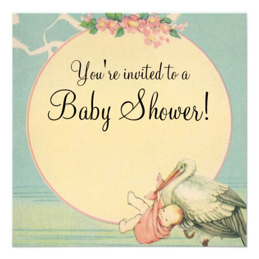 Vintage Stork Baby Girl Pink Blanket Baby Shower Personalized Invitation