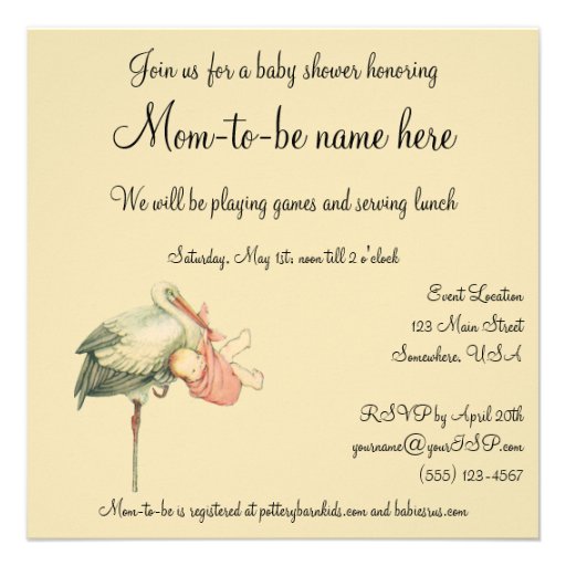 Vintage Stork Baby Girl Pink Blanket Baby Shower Personalized Invitation