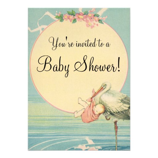 Vintage Stork Baby Girl Pink Blanket Baby Shower Invite