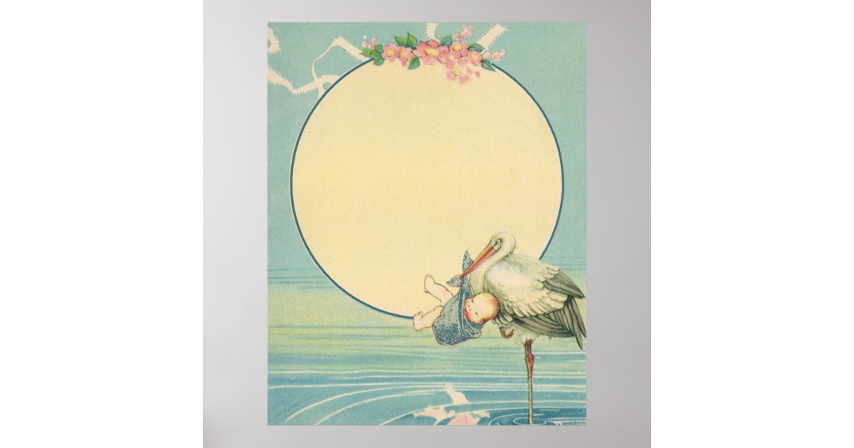 Vintage Stork Carrying Baby Boy In Blue Blanket Poster