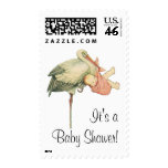 Vintage Stork with Baby Girl in Pink Blanket Stamps