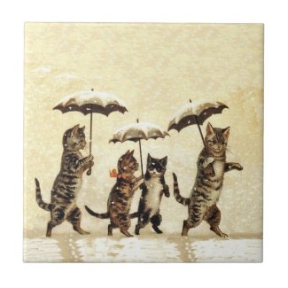 Vintage Striped Cats Umbrellas Dancing Snow