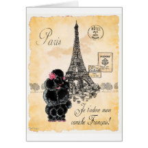 Vintage Style Black Poodle Eiffel Tower Print Greeting Card