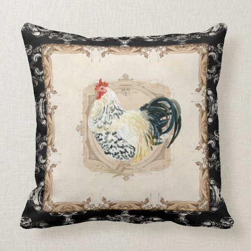 Vintage Style French Damask Black n White Rooster Pillows