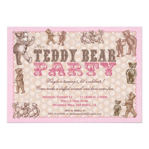 Vintage Style Teddy Bear Party Invitation - Pink