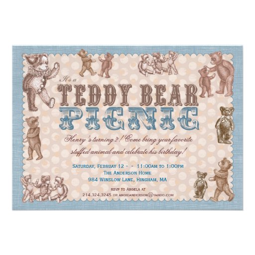 Vintage Style Teddy Bear Picnic Invitation - Blue