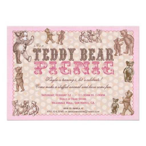 Vintage Style Teddy Bear Picnic Invitation - Pink