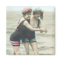 Vintage Sun Bathers Beach Square Magnet by Vintage_Gifts Vintage Sun Bathers Beach Square Magnet