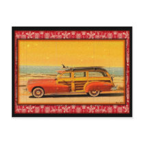 vintage surf woodie postcard