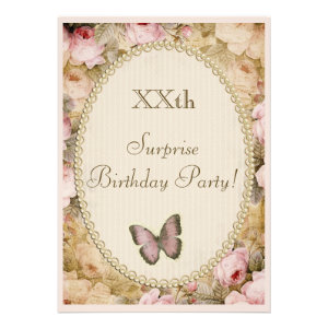 Vintage Surprise Birthday Roses Butterfly, Music Personalized Announcements