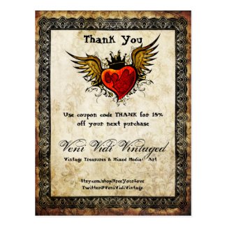 Vintage Tattoo Winged Heart Thank You Coupon Post Cards