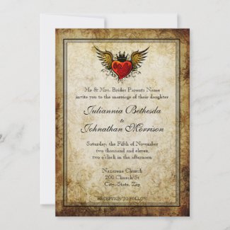 Vintage Tattoo Winged Heart Wedding Invitation zazzle_invitation