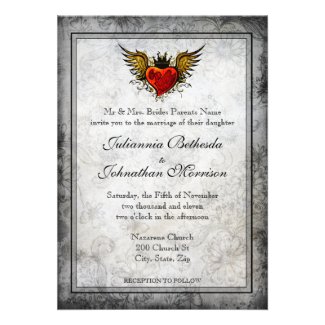 Vintage Tattoo Winged Heart Wedding Invitation