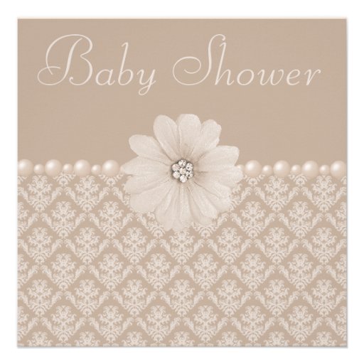 Vintage Taupe Damask, Flowers & Pearls Baby Shower Personalized Invitation