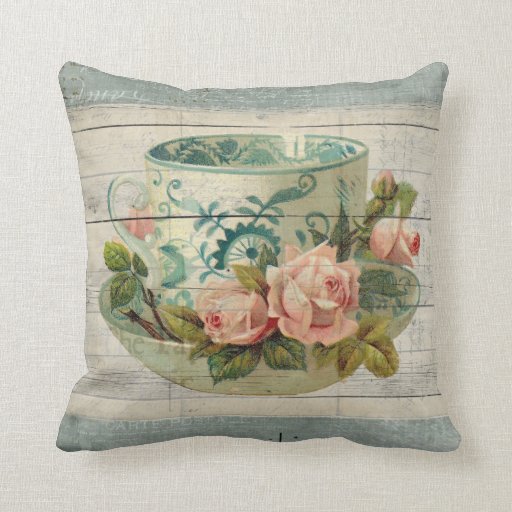 Vintage Tea Cup with Roses Shabby Chic Pillow Zazzle