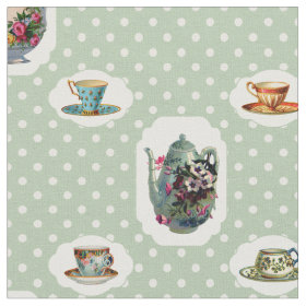 Vintage Teacups and Polka Dots Fabric