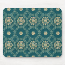 Vintage Teal and Beige Floral Fabric Mousepad by vintagegiftmall Vintage Teal and Beige Floral Fabric Mousepad