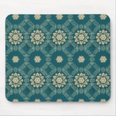Vintage Teal and Beige Floral Fabric Mousepad by vintagegiftmall