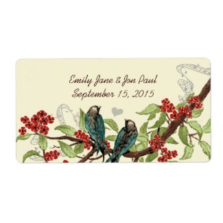Vintage Teal Birds Burgundy Flowering Branch Label label