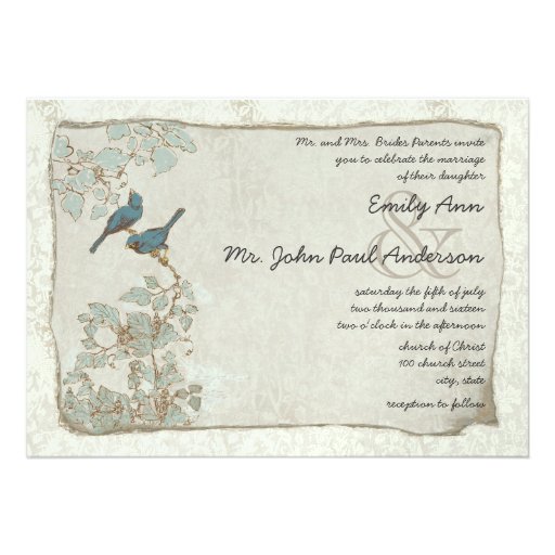 Vintage Teal Birds Damask Wedding Invitations