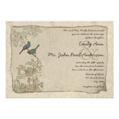 Vintage Teal Birds Damask Wedding Invitations