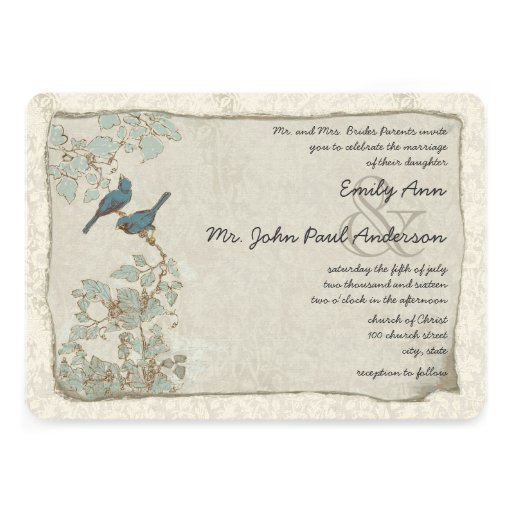 Vintage Teal Birds Damask Wedding Invitations