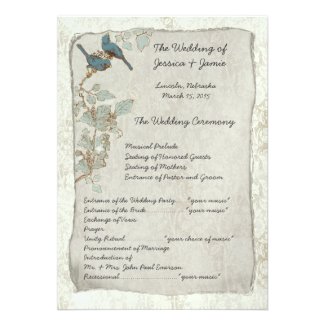 Vintage Teal Birds Damask Wedding Program