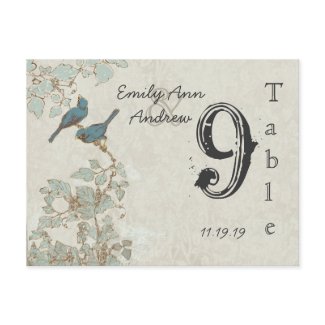 Vintage Teal Birds Damask Wedding Table Number Post Cards