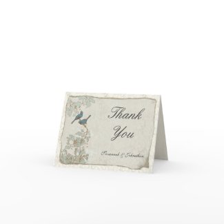 Vintage Teal Birds Parchment Damask Thank You Card