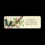 Vintage Teal Birds Pink Flowering Branch Label