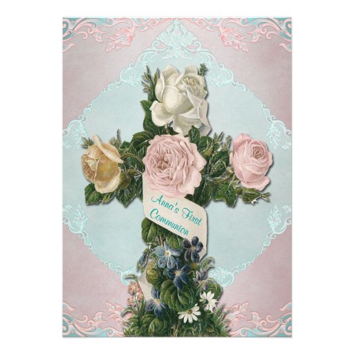 Vintage Teal Blue and Pink First Communion Personalized Invitations