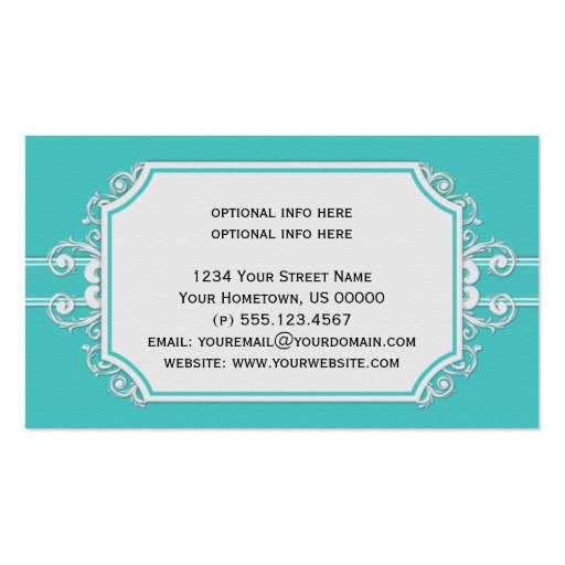 Vintage Teal White Swirls Business Card Templates (back side)