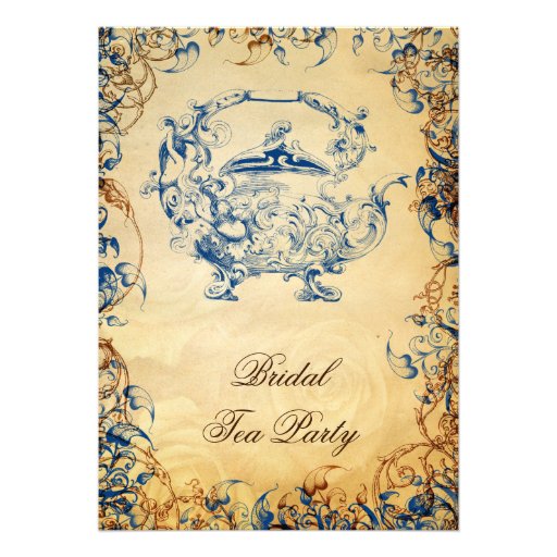 Vintage Teapot navy blue Rustic Bridal Tea Invites