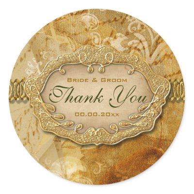 Vintage thank you gold brown wedding round sticker by mensgifts