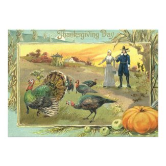 Vintage Thanksgiving with Turkeys and Pilgrims Custom Announcement