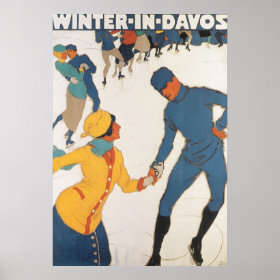Vintage Travel, Art Deco, Winter Davos Switzerland Print